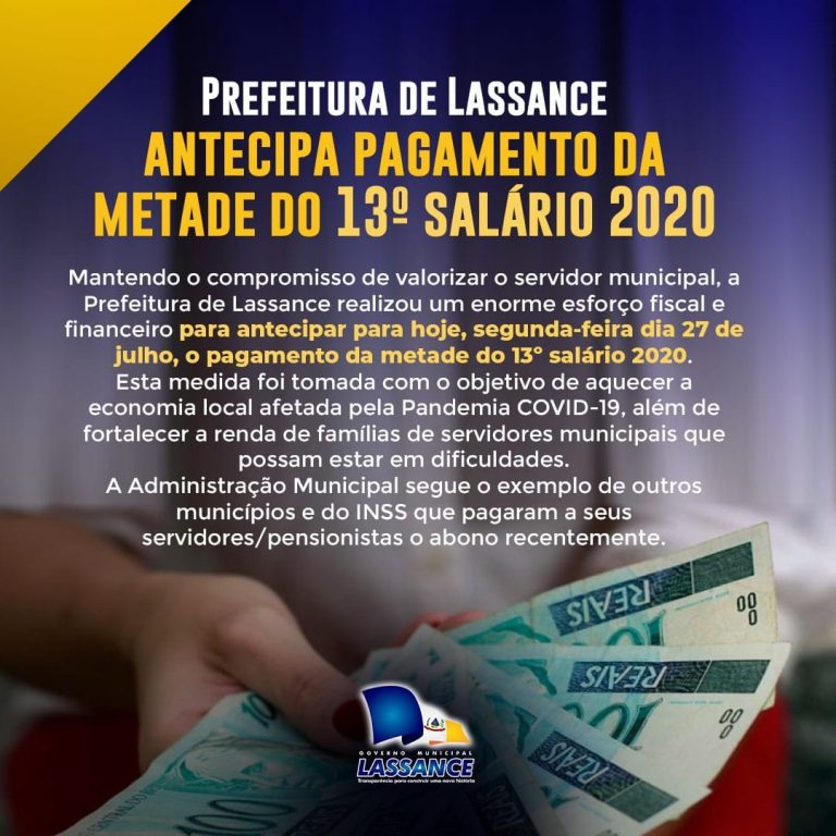 Prefeitura antecipa pagamento da metade do 13º Salário 2020